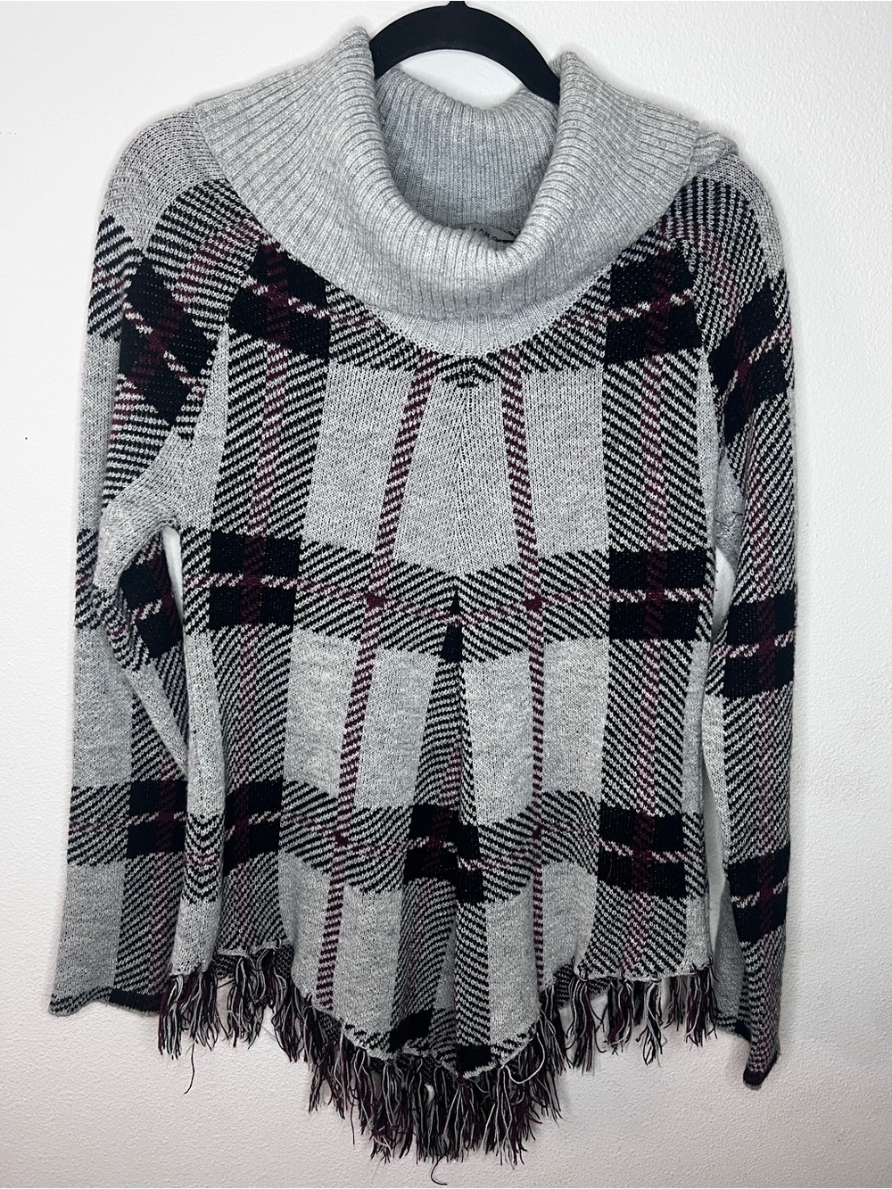 Absolutely Famous Gray Plaid Cowl Turtleneck Sweater with Fringe-96